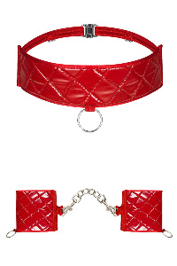 Rode halsband en handboeien versierd met zilveren ringen